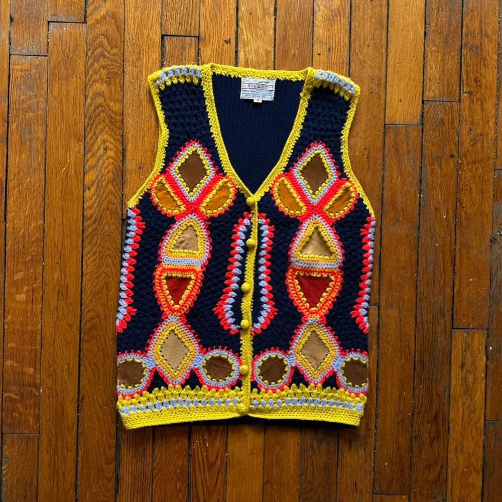 Vintage 70s AWARE Leather Accent Women Blue Orange Yellow Hand Knit Sweater Vest